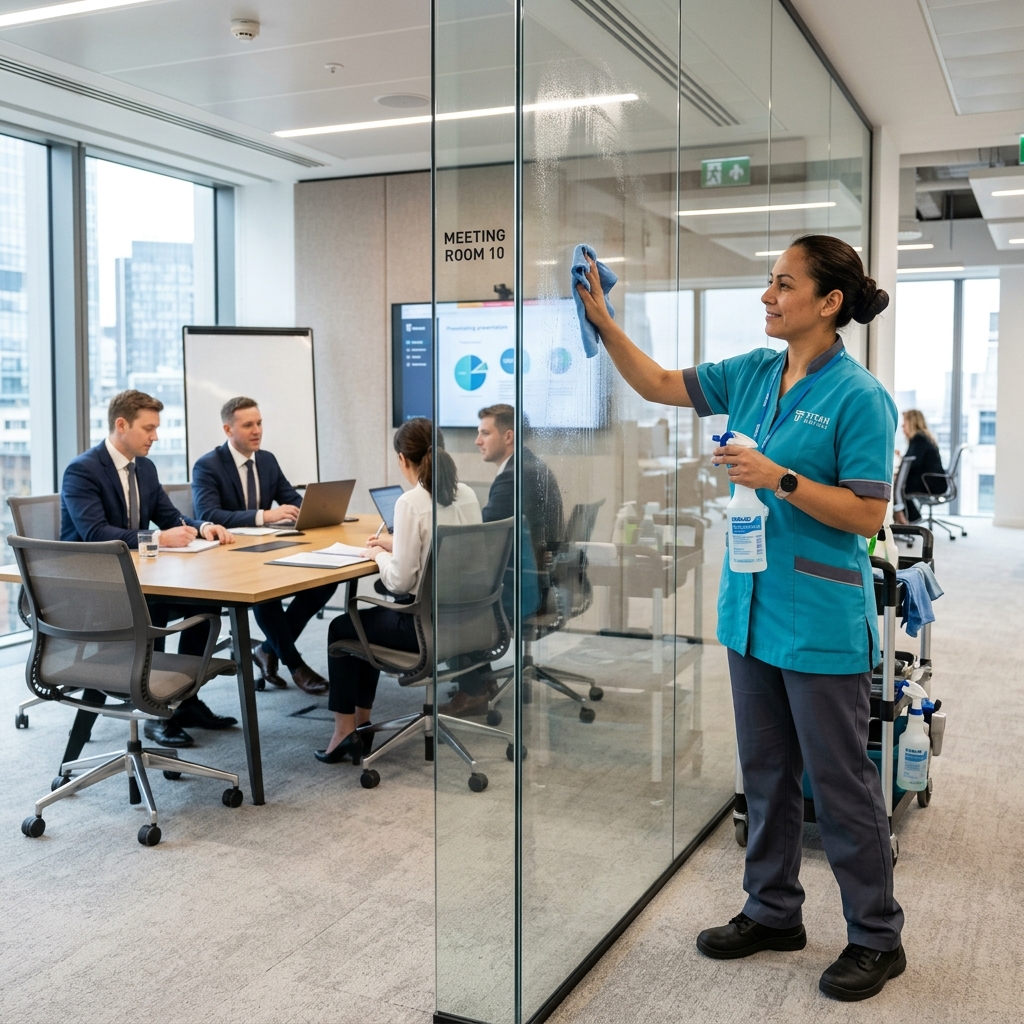 Especialista limpiando vidrios en sala de juntas corporativa